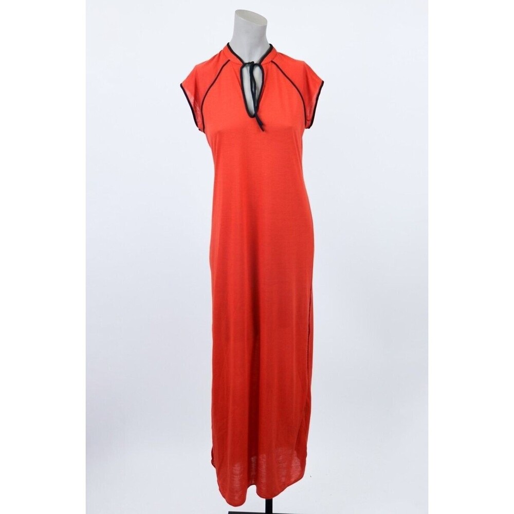 Vintage 1970s 70s Red Mandarin Collar T-Shirt Tie Neck Maxi Shirt Dress XS S